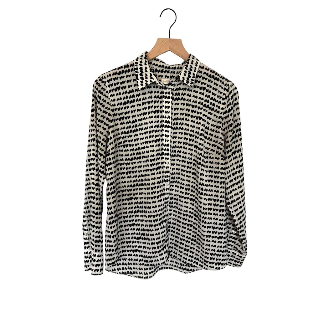 J Crew Women's Long Sleeve Button Down Blouse Black White Heart Pattern Size S